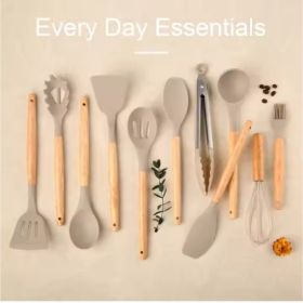 Non-Stick Silicon 12 Pcs Heat Resistant Wooden Handle Kitchen Cooking Utensils Set, Khaki Color (Color: Khaki)